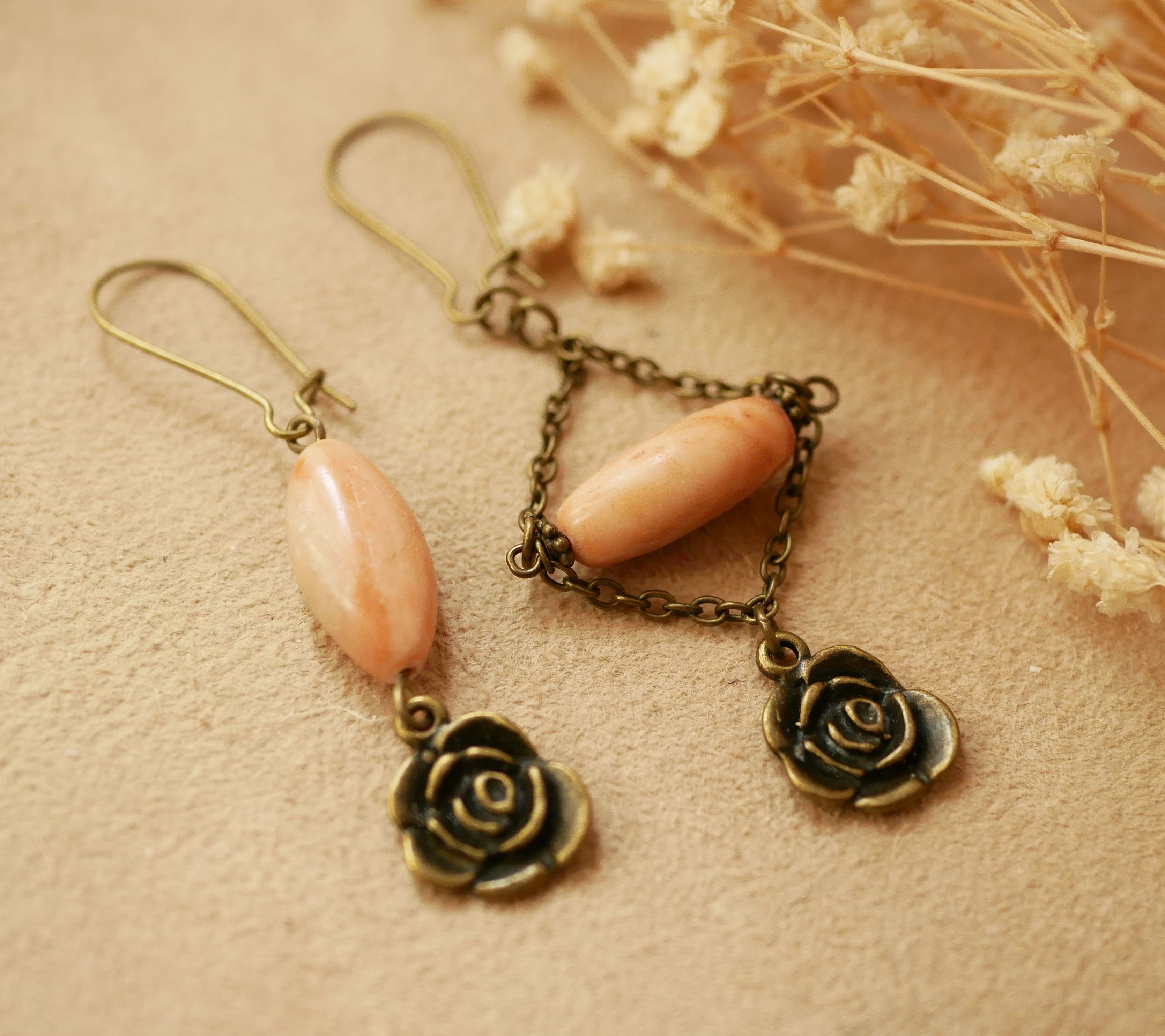 Beige &amp; pink stone earrings