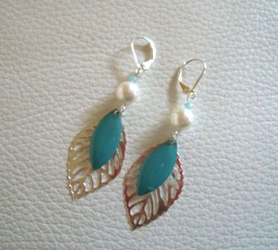 Boucles d'oreilles Feuilles argentées sequins turquoises