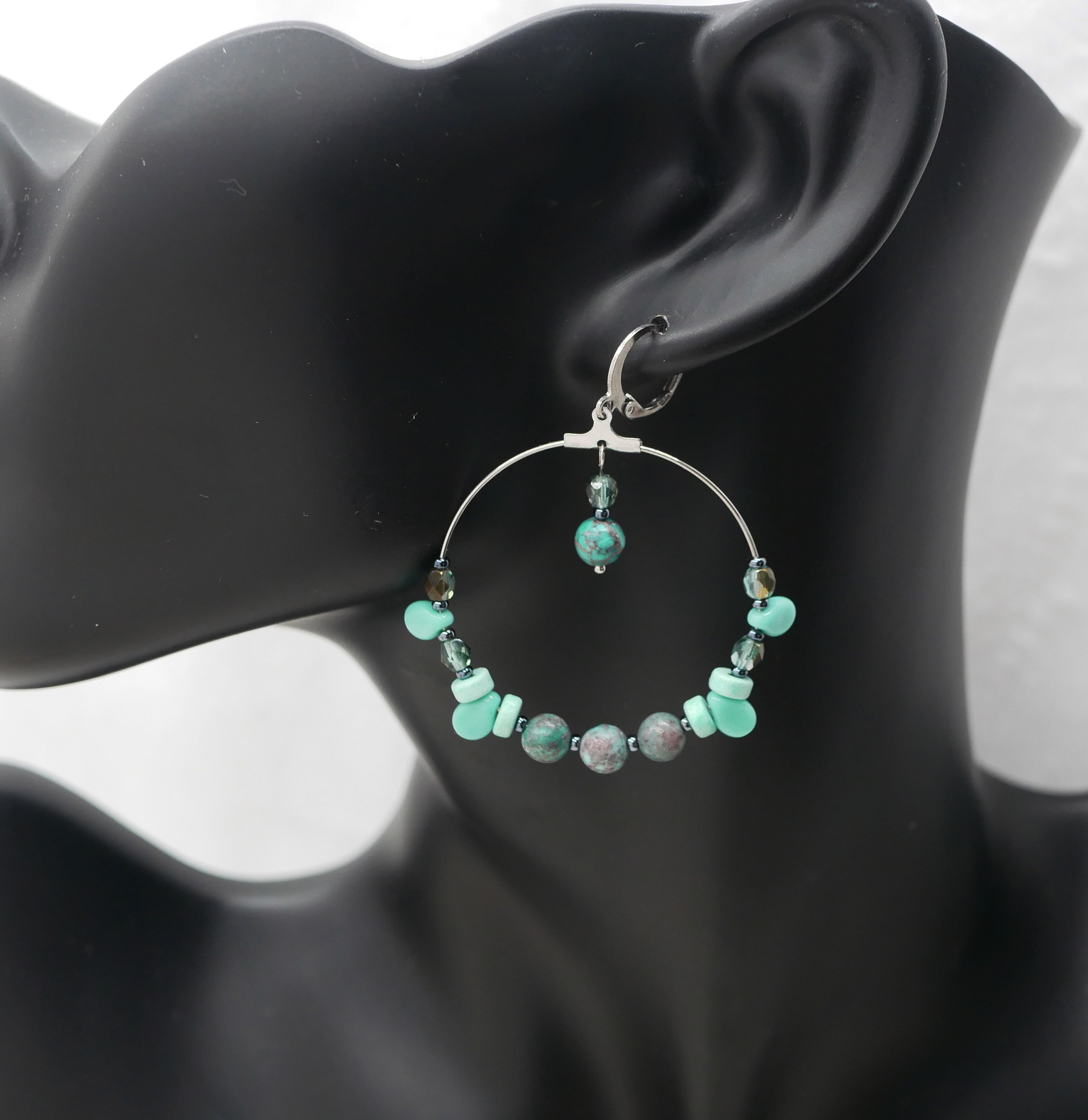 Boucles d'oreilles grandes créoles acier et perles turquoises