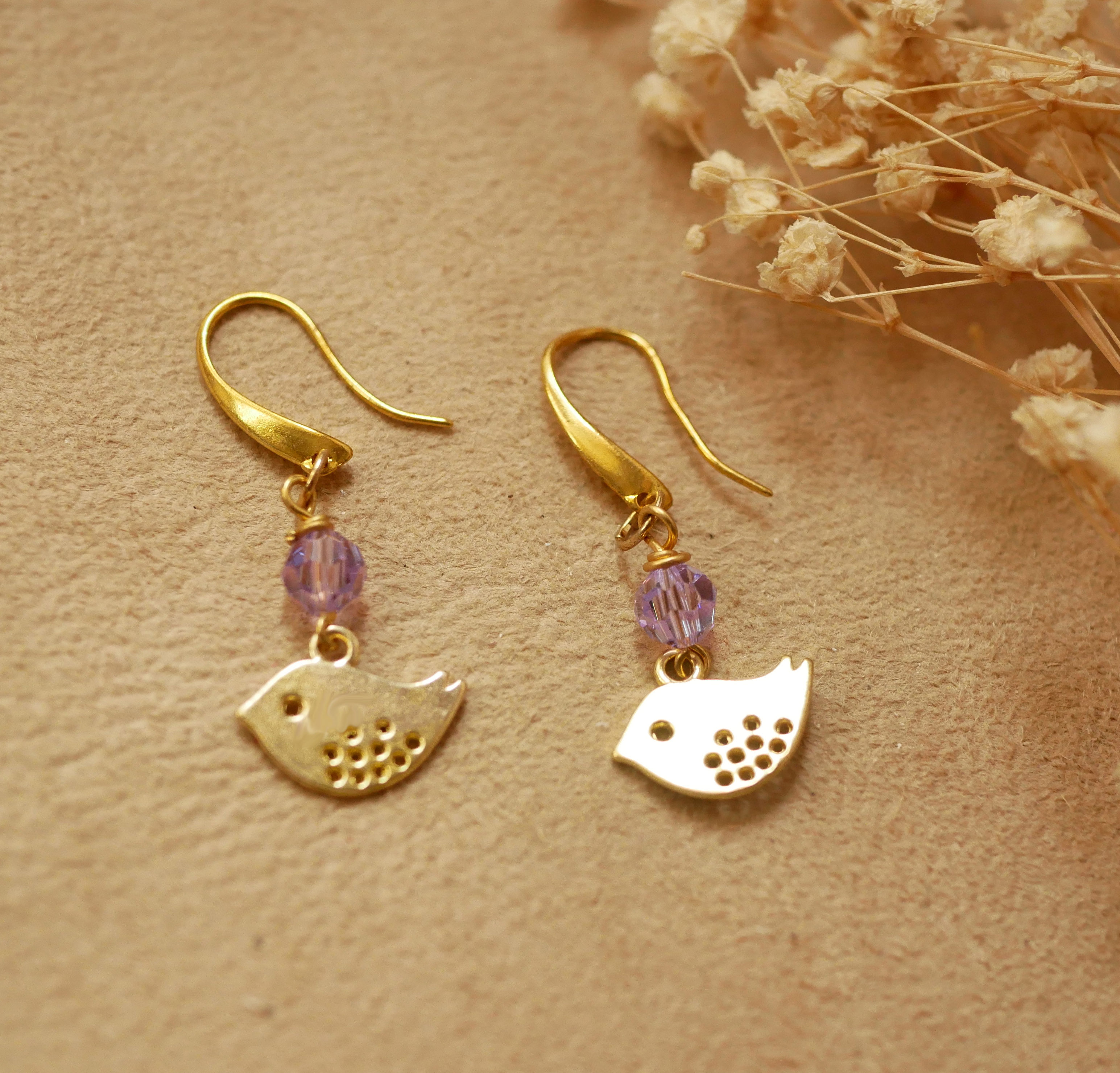 Earrings golden moths purple beads