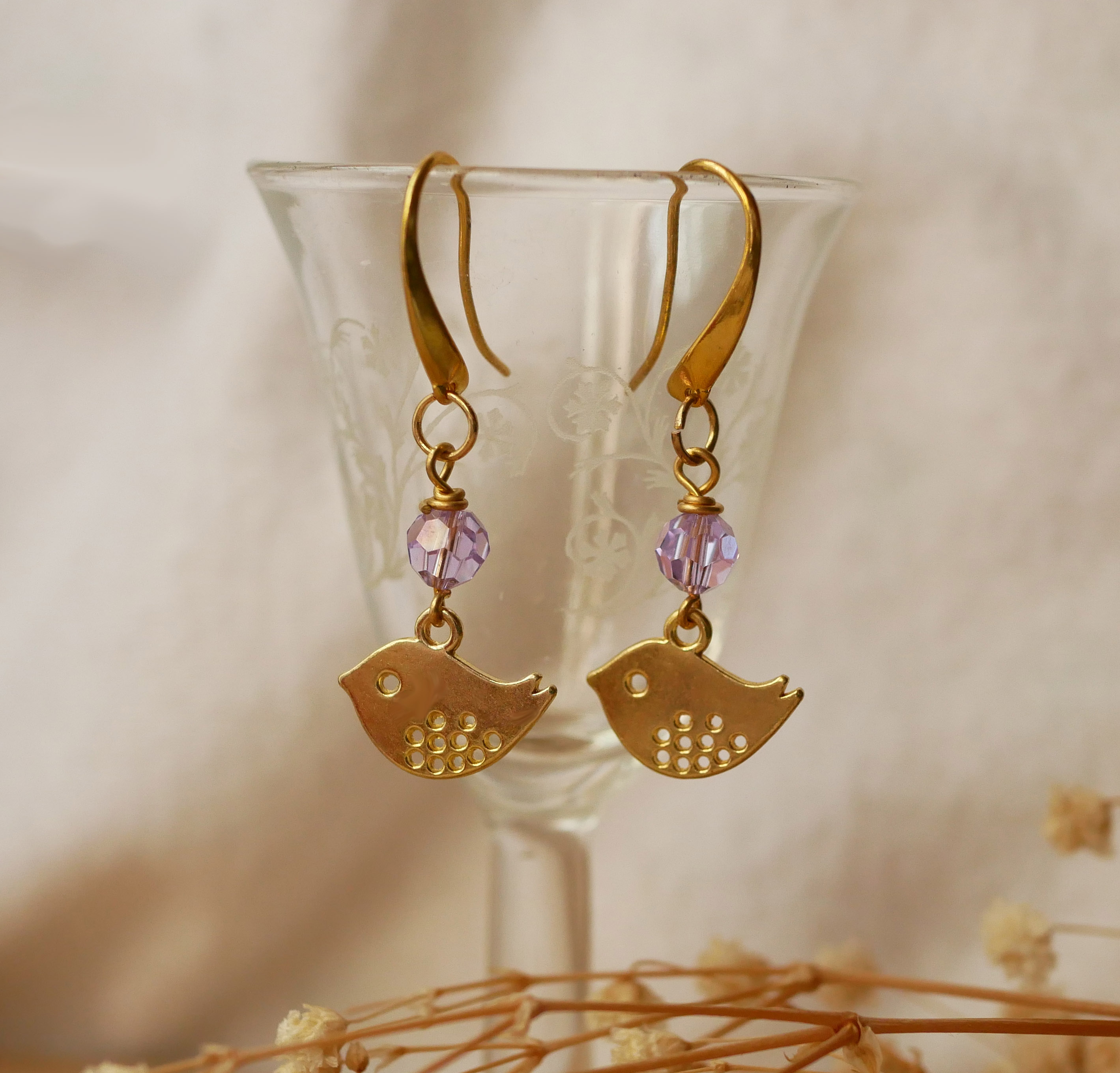 Earrings golden moths purple beads