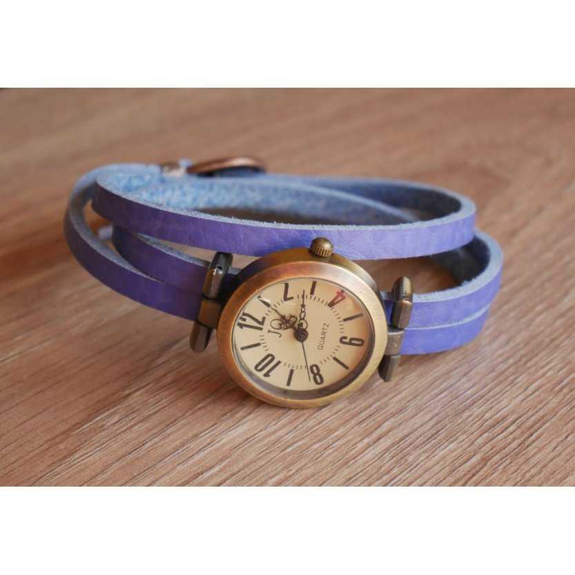 Blue leather bracelet triple adjustable turn