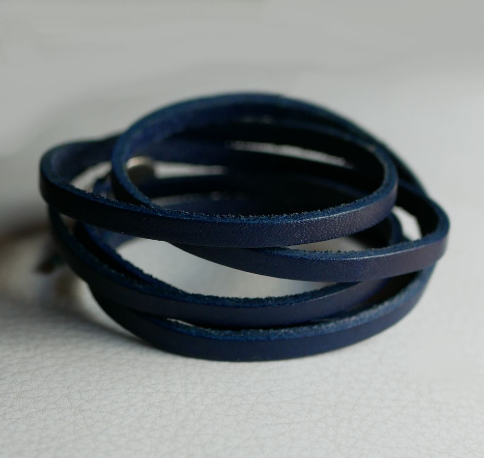 Leather bracelet 5 turns adjustable navy blue