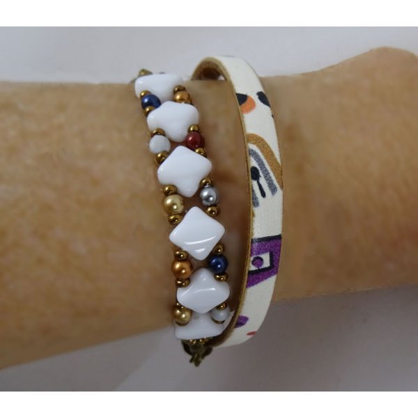 Kit bracelet cuir 2 tours perles Silky Blanc