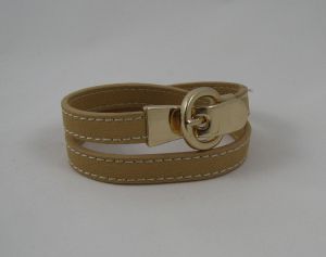 Double leather bracelet peach gold buckle 