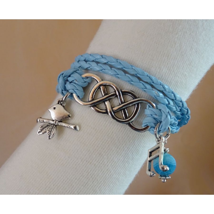 Bracelet double infini et double tour cuir tressé bleu