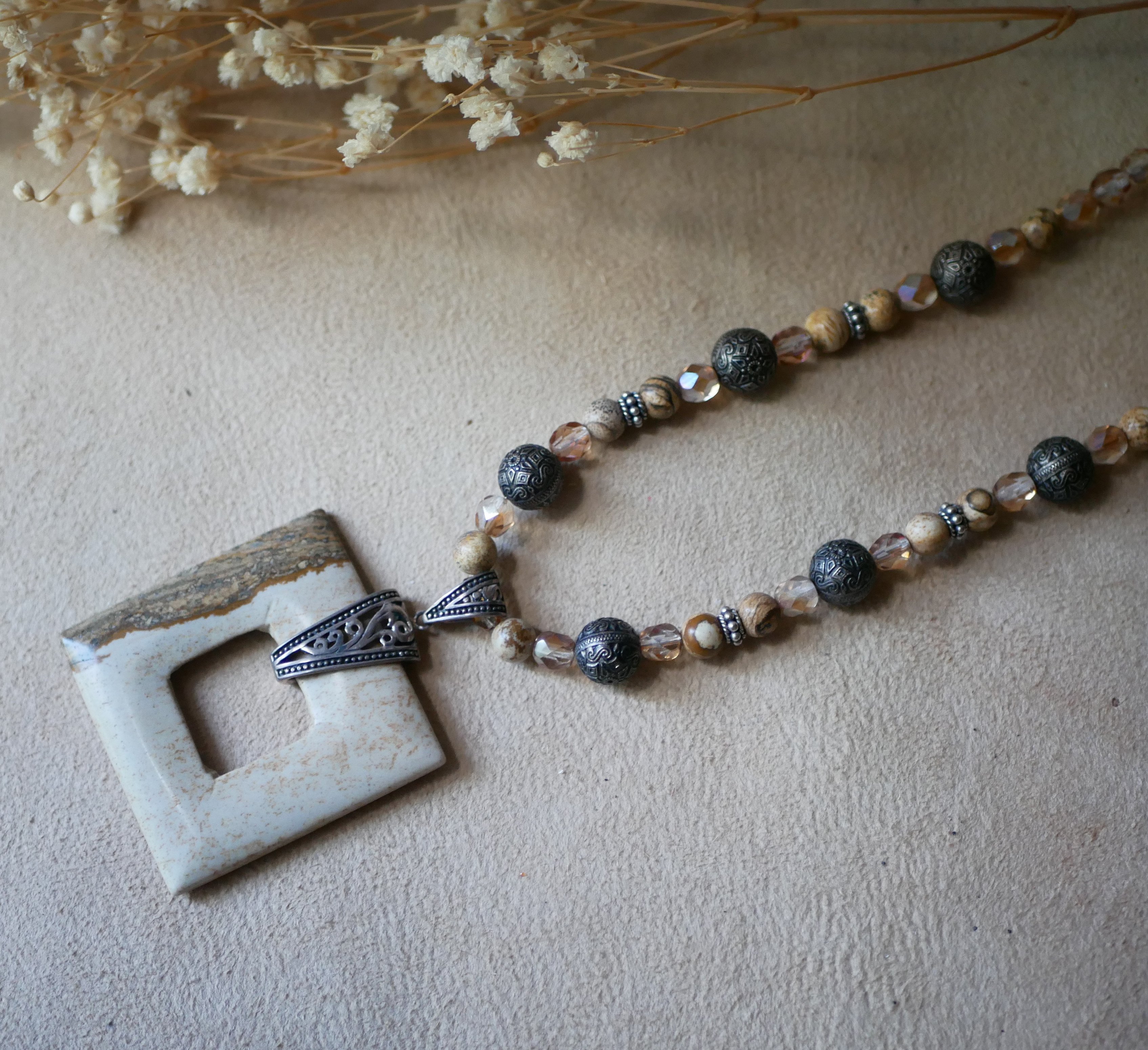 Square Jasper and Bali beads necklace