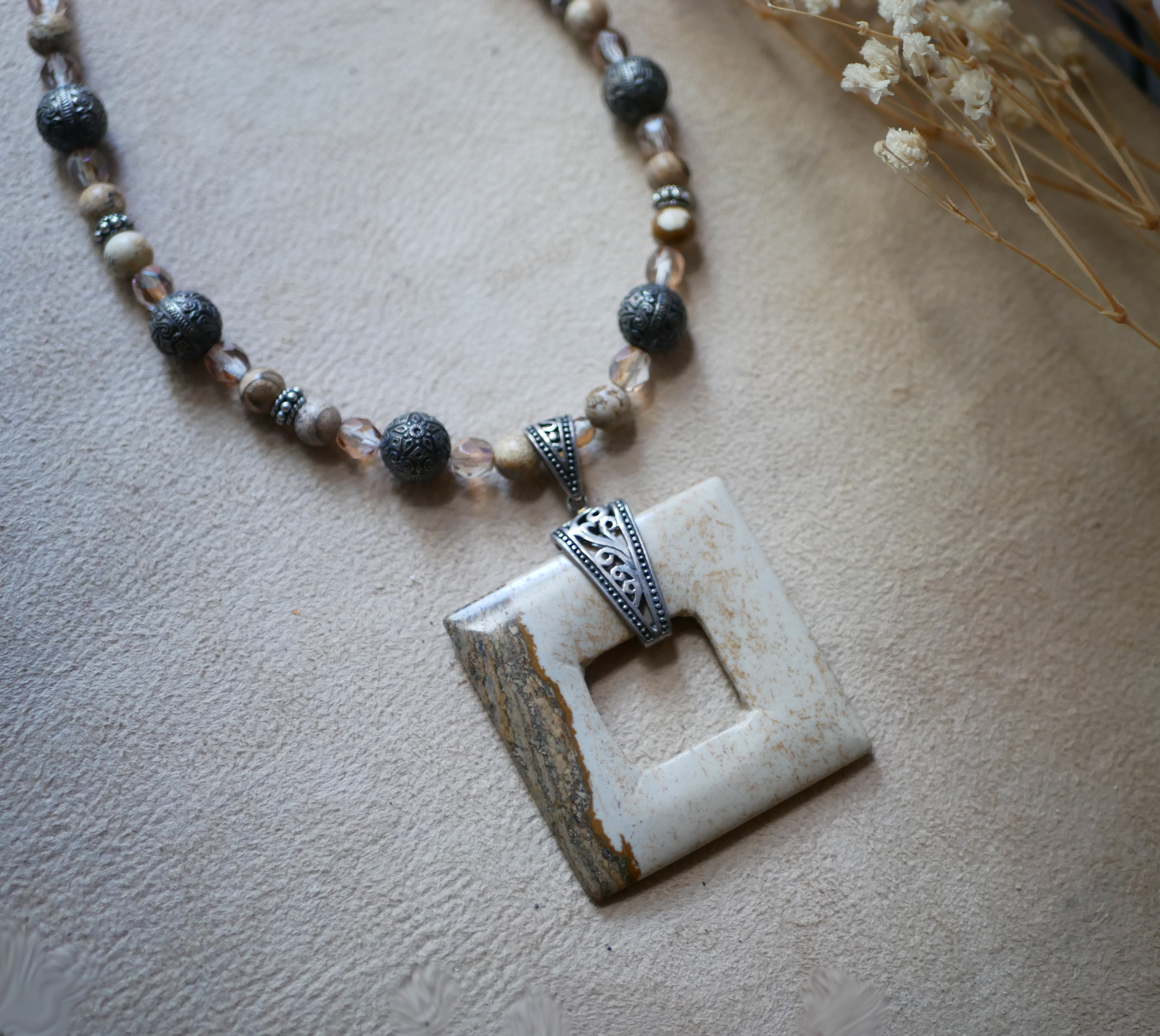 Square Jasper and Bali beads necklace