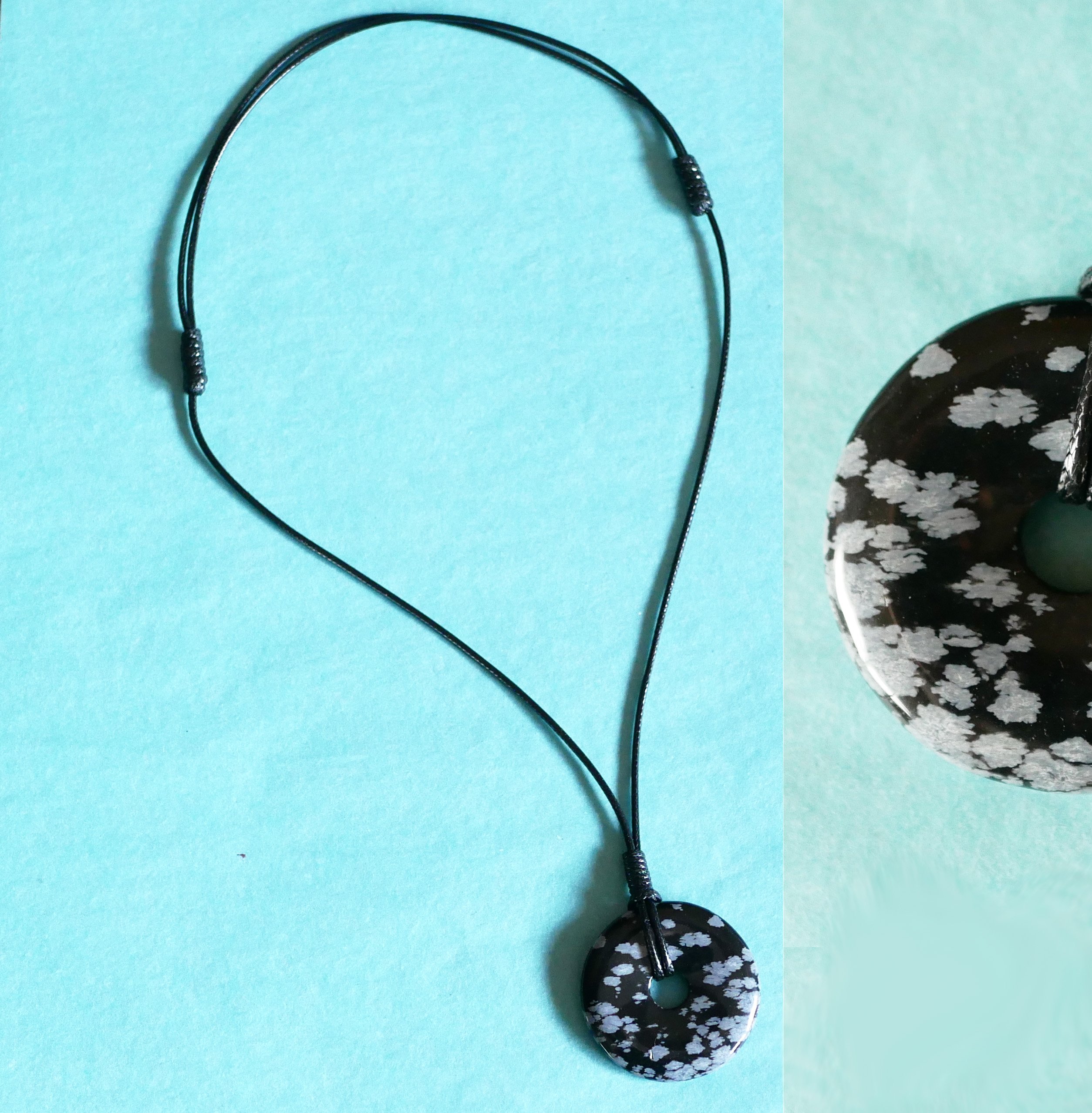 Collier donut pierre d'obsidienne sur cordon cuir noir ajustable