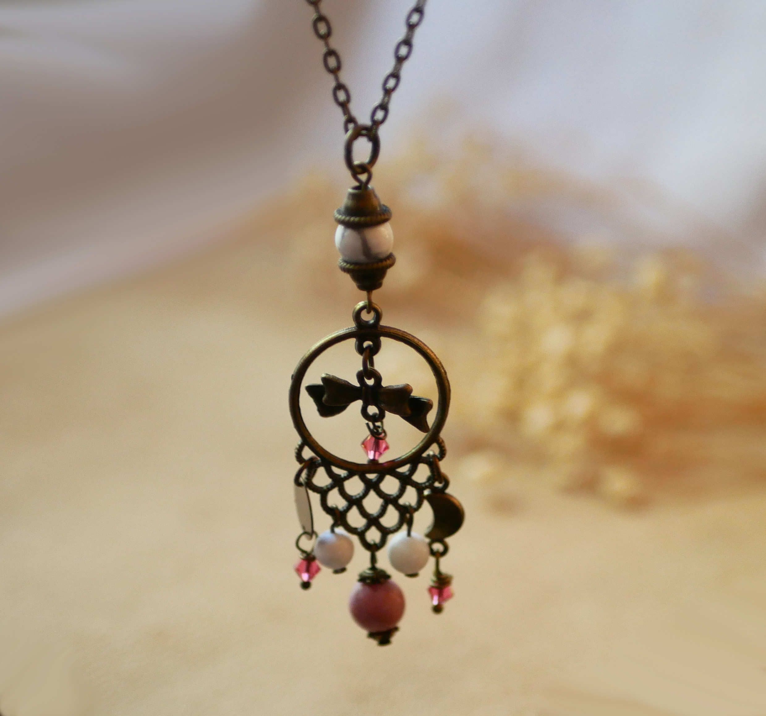 Necklace with bohemian pendant and natural stones 