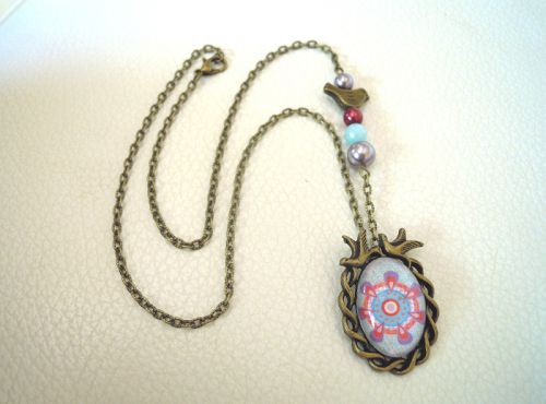 Necklace pendant cabochon Birds Blue mauve