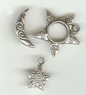 Silver T clasp Moon and stars