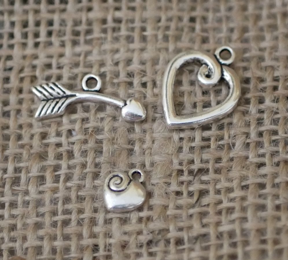 Heart, arrow and charm silver T-clasp