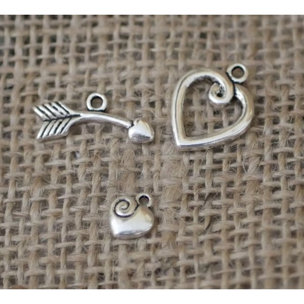 Heart, arrow and charm silver T-clasp