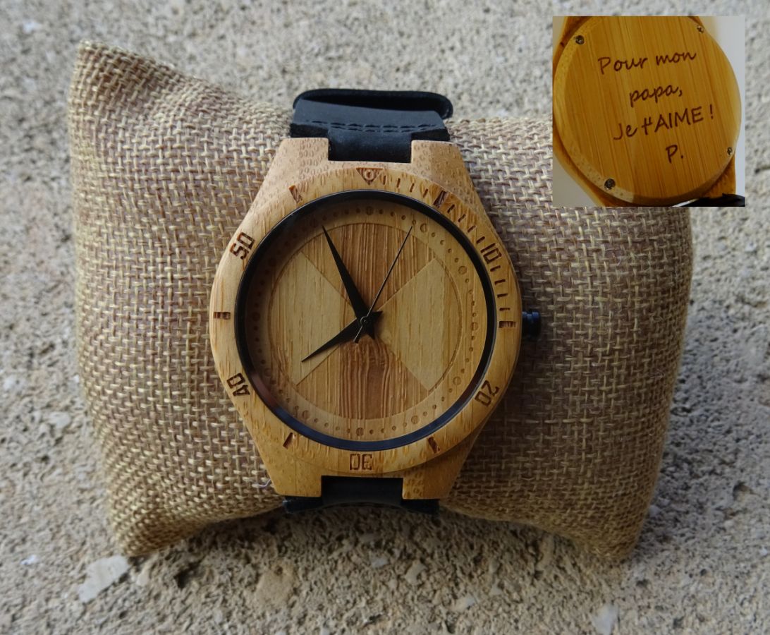 Montre homme bambou grav&eacute; sur bracelet cuir Noir &agrave; personnaliser