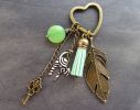 Black and white cat keychain, green pompon