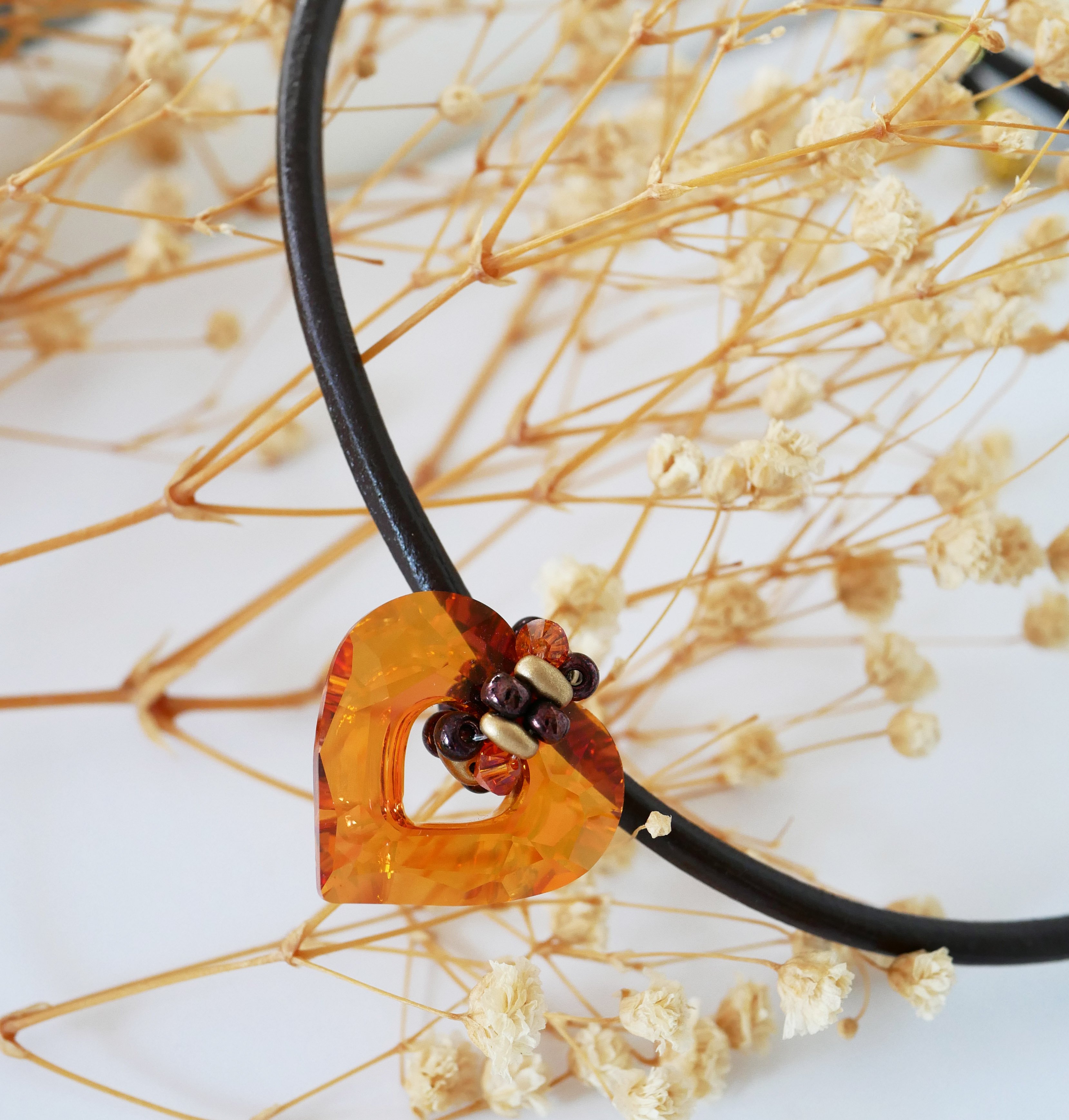 Swarovski heart pendant on brown leather