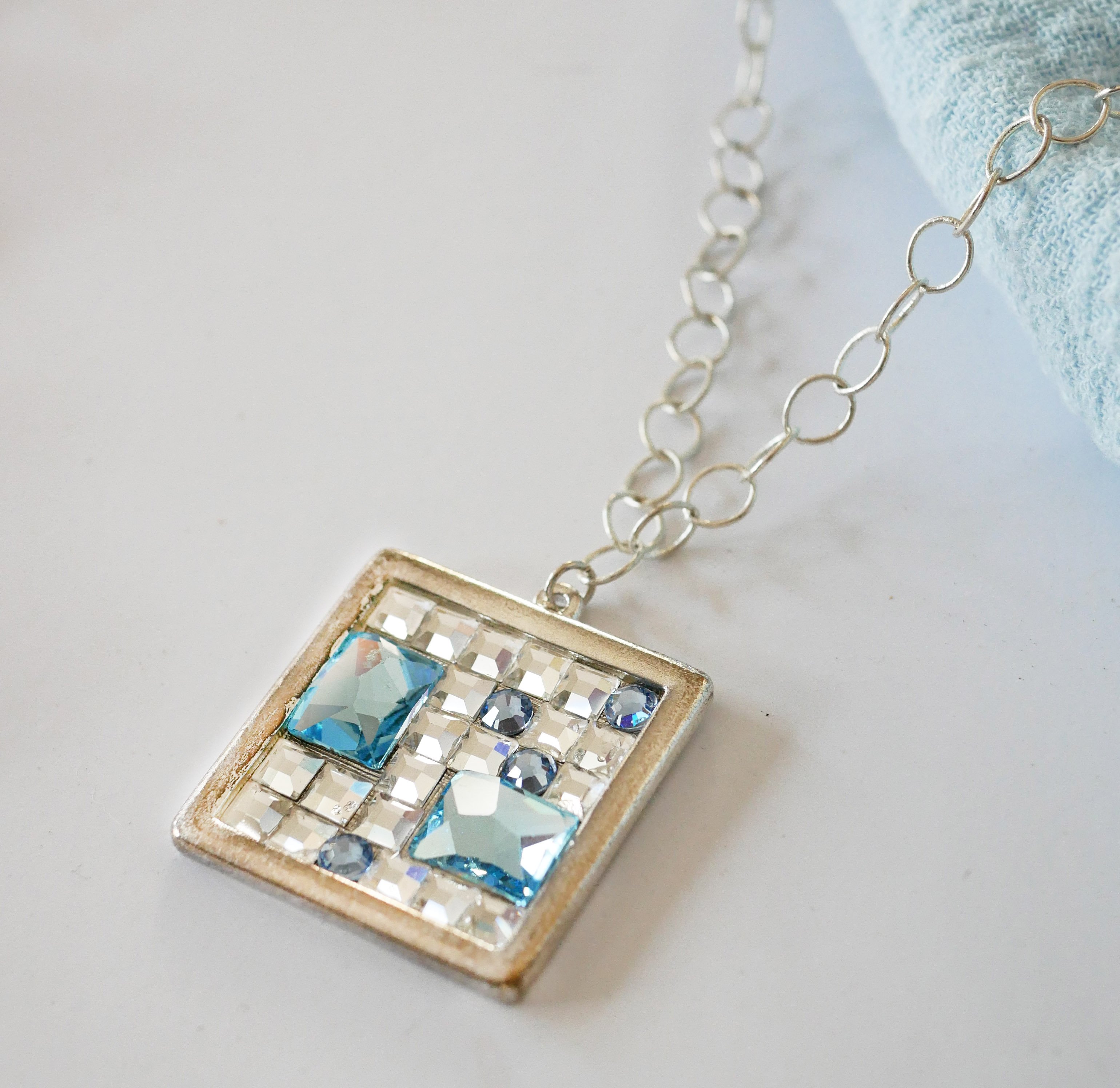 Square medallion pendant with Swarovski cabochons