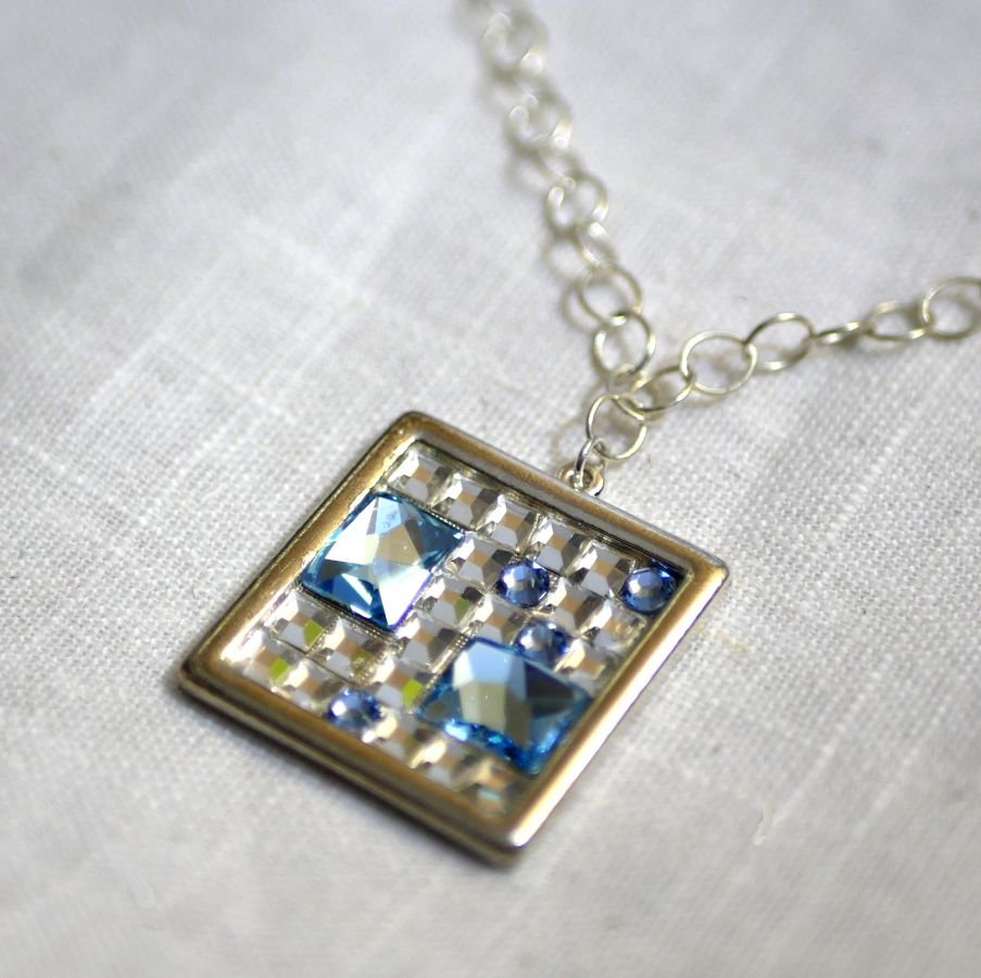 Square medallion pendant with Swarovski cabochons