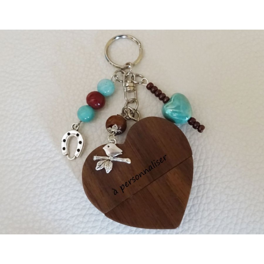 Heart keychain usb key to engrave turquoise beads