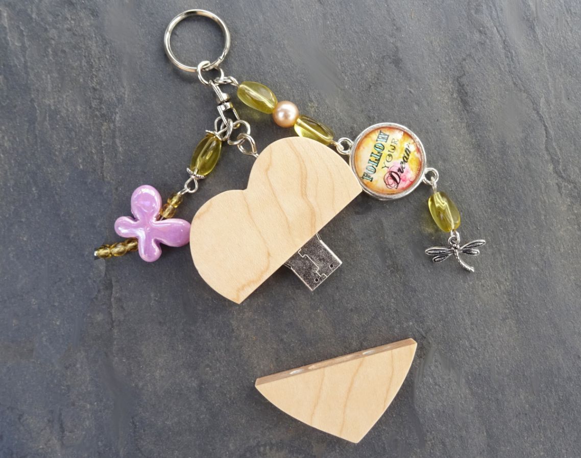 Keychain Heart usb key to engrave Cabochon &amp; butterfly