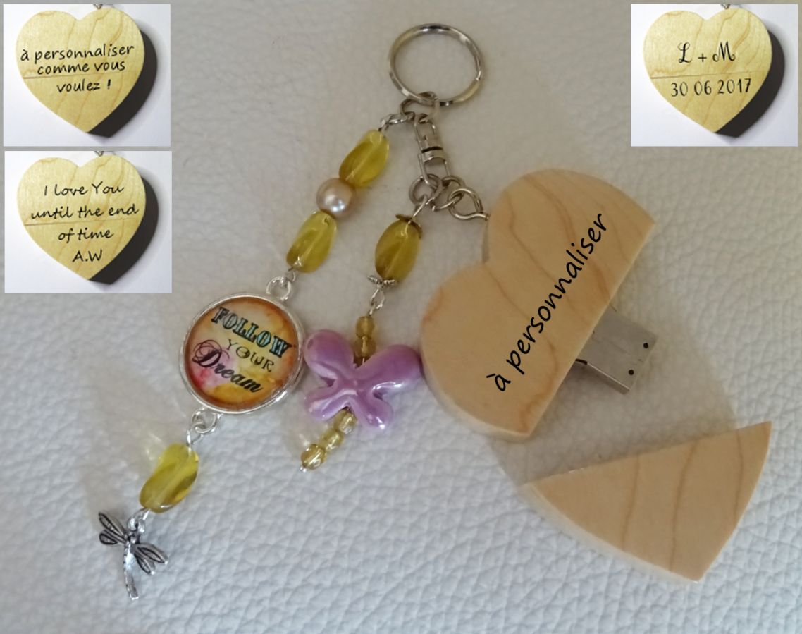 Keychain Heart usb key to engrave Cabochon &amp; butterfly