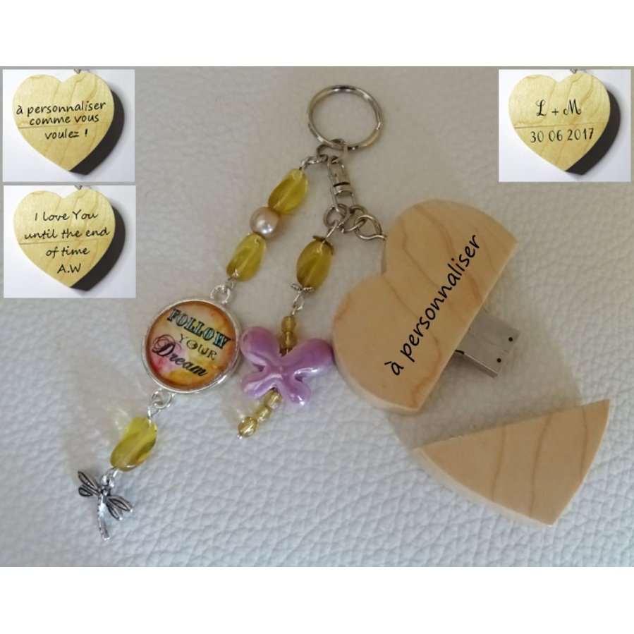 Keychain Heart usb key to engrave Cabochon &amp; butterfly