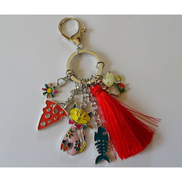 Keychain pendants Cat &amp; mouse red pompon