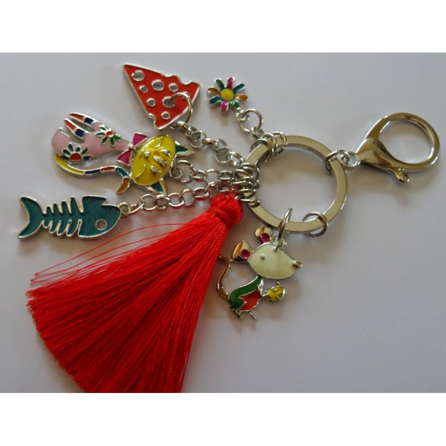 Keychain pendants Cat &amp; mouse red pompon