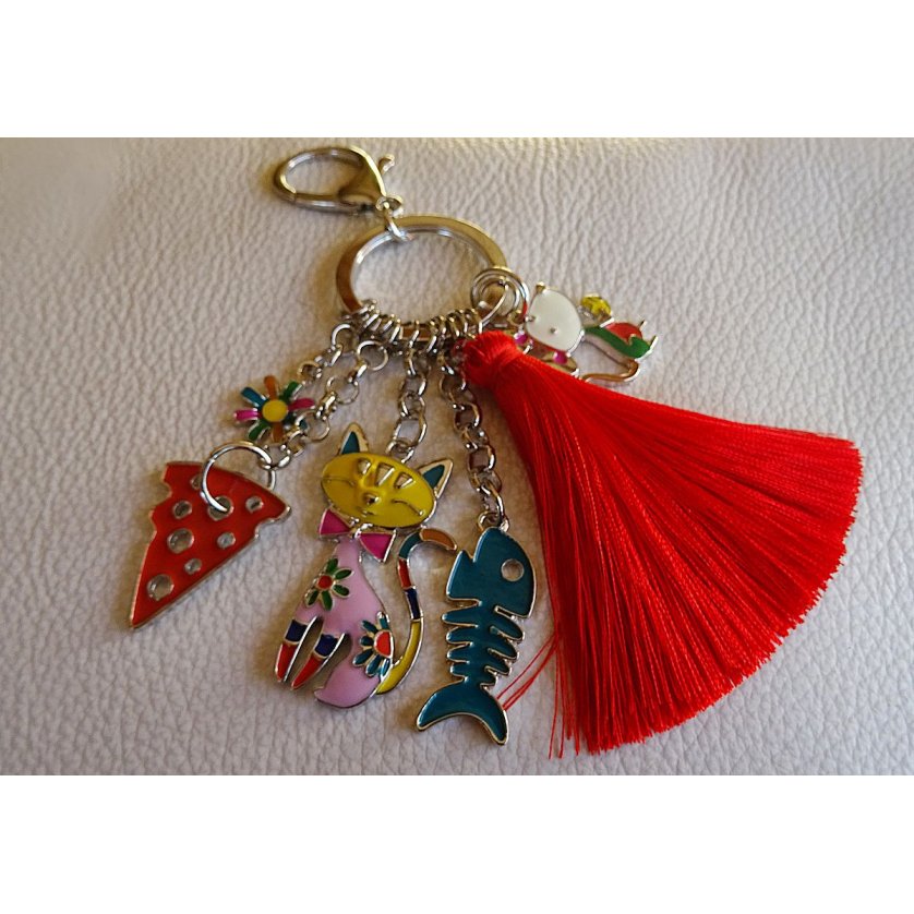 Keychain pendants Cat &amp; mouse red pompon