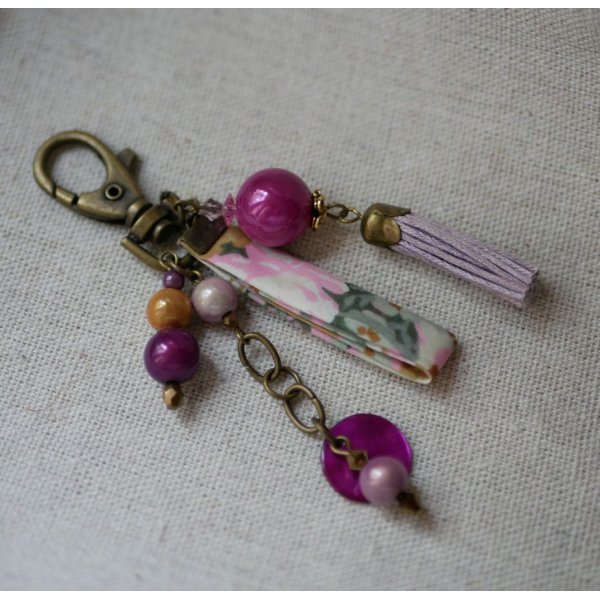 Keychain jewel bag Fuchsia with purple pompon