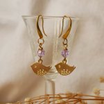 Earrings golden moths purple beads
