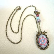 Necklace pendant cabochon Birds Blue mauve