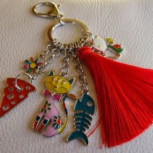 Keychain pendants Cat &amp; mouse red pompon